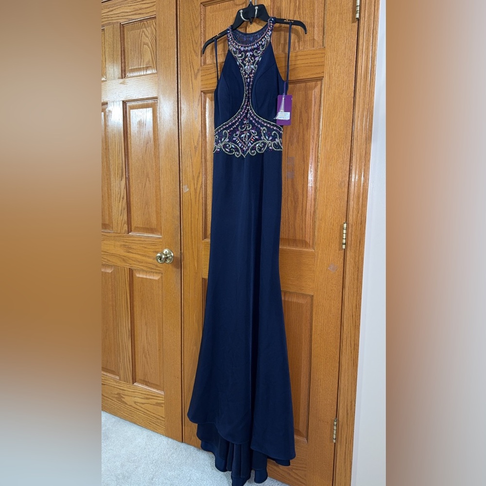 Abby Paris Formal Dress Size 8 Navy Blue Beaded Waist Train Gown AUTHENTIC NWT